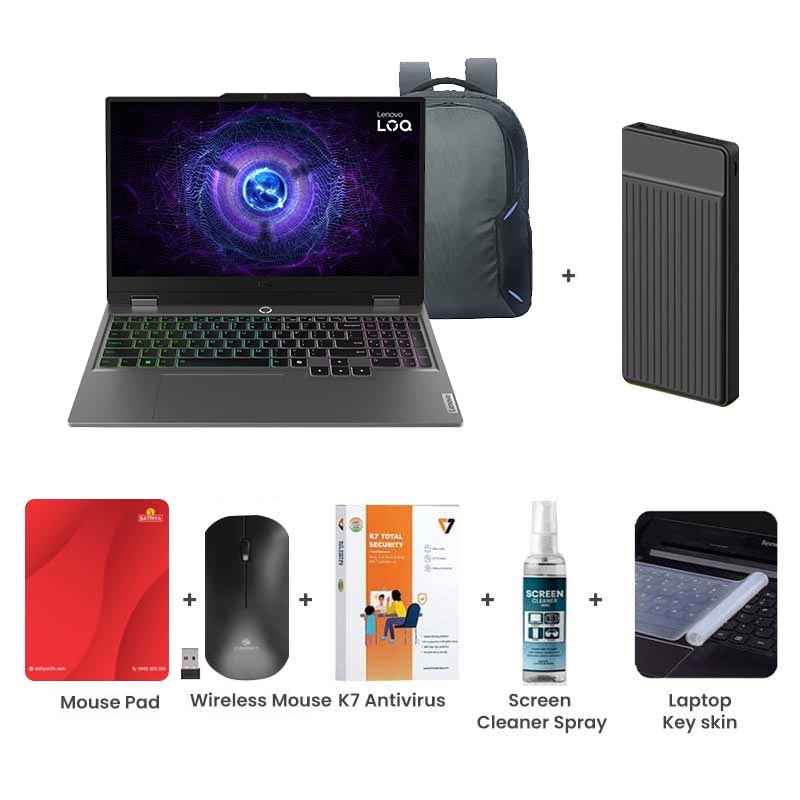Picture of Lenovo LOQ - Intel Core i5-13450HX 15.6" (39.6cm) 83DV01AAIN Gaming Laptop (16GB/ 512GB SSD/  Full HD Display/ Anti-Glare/ E-shutter/ NVIDIA GeForce RTX 4050 6GB GDDR6/ Windows 11 Home/ Office Home 2024/ 1 Year Warranty/Luna Grey/ 2.38Kg) with Laptop Bag + 1000mAh Power Bank + Wireless Mouse + Mouse Pad + K7 Antivirus + Screen Cleaner Spray + Laptop Key Skin